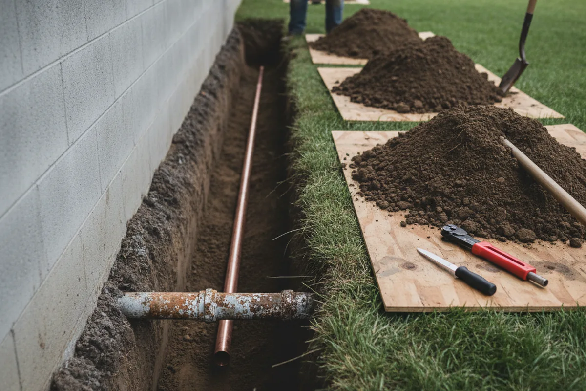 Excavated water line trench during Sewer Line Repair in Mount Laurel